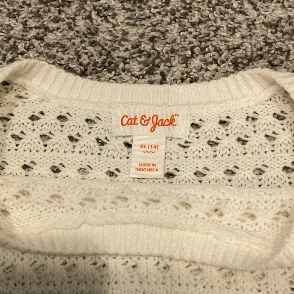 Cream Knit Sweater, feminine Boho crochet, kids, girl, size 14